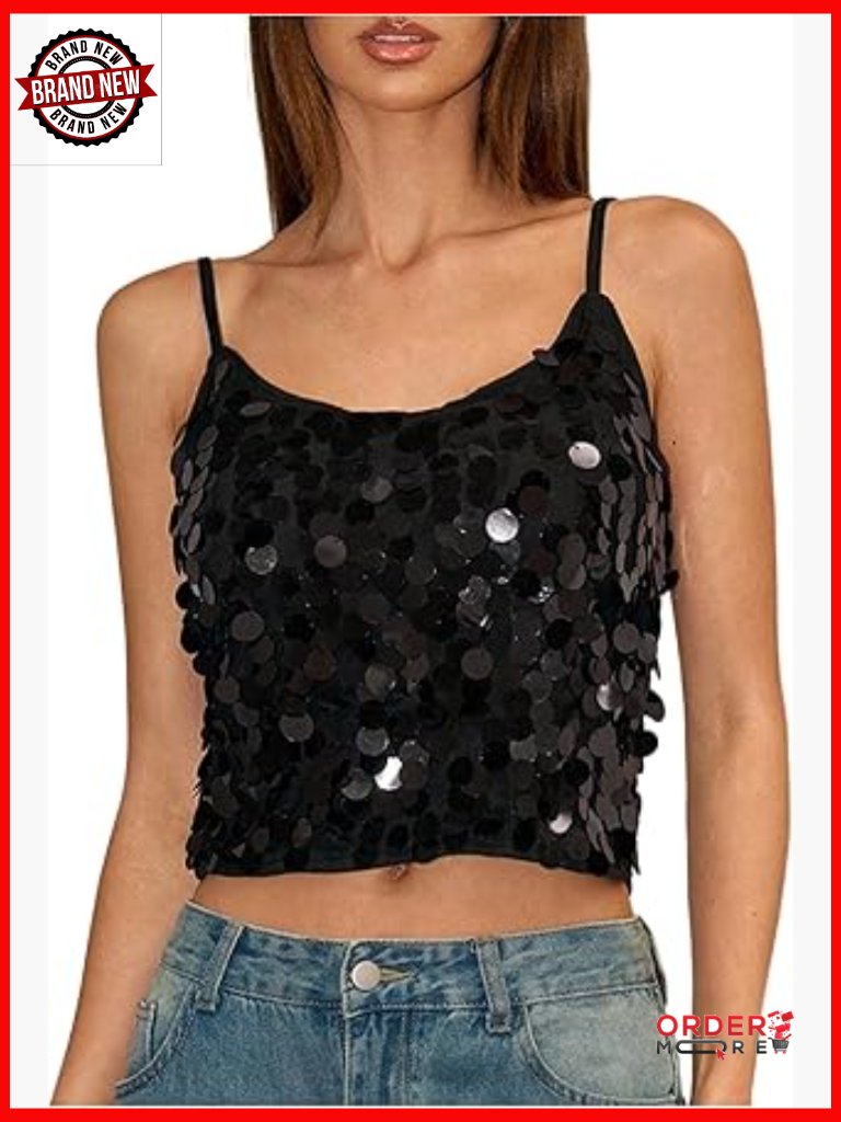 Sparkly Sequin Camisole Tank Top Scoop Neck Spaghetti Strap Party Club Top
